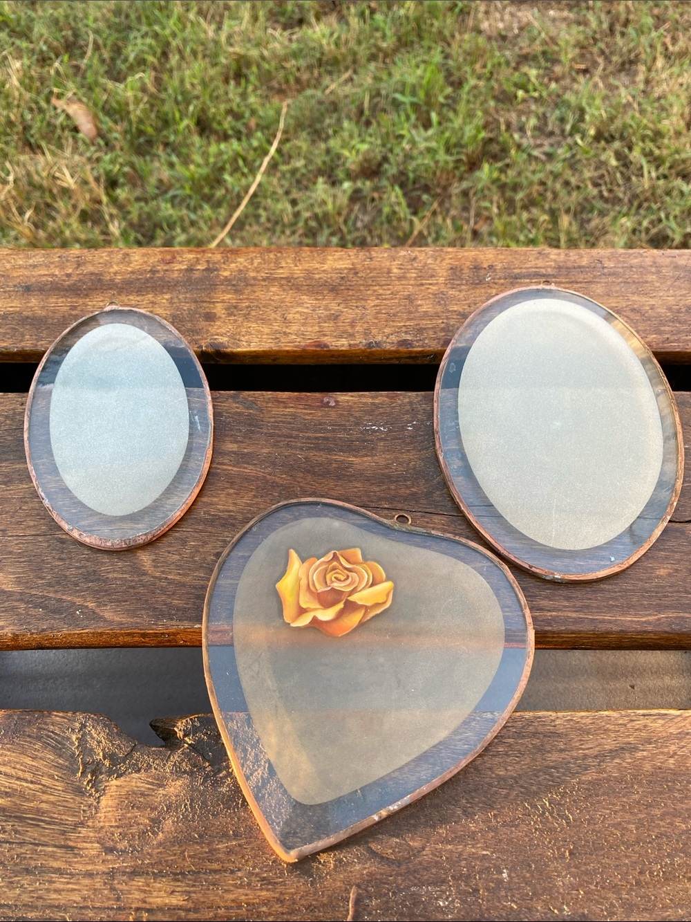 Vintage Copper Framed Glass Suncatchers Orange-Yellow Rose - Set of 3